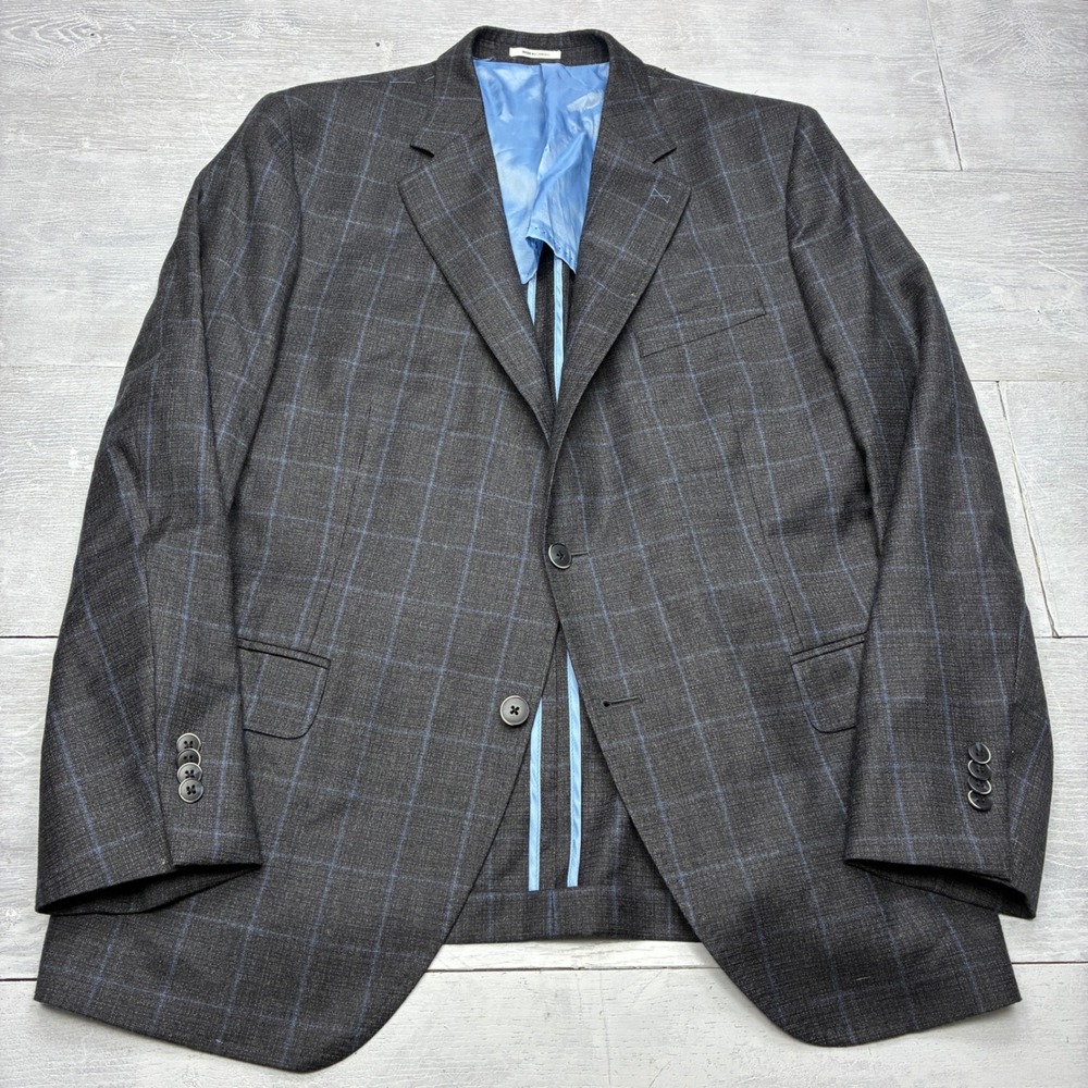 Peter Millar Blazer Mens 46R Grey Blue Windowpane Plaid 100% Wool Sport Coat SN
